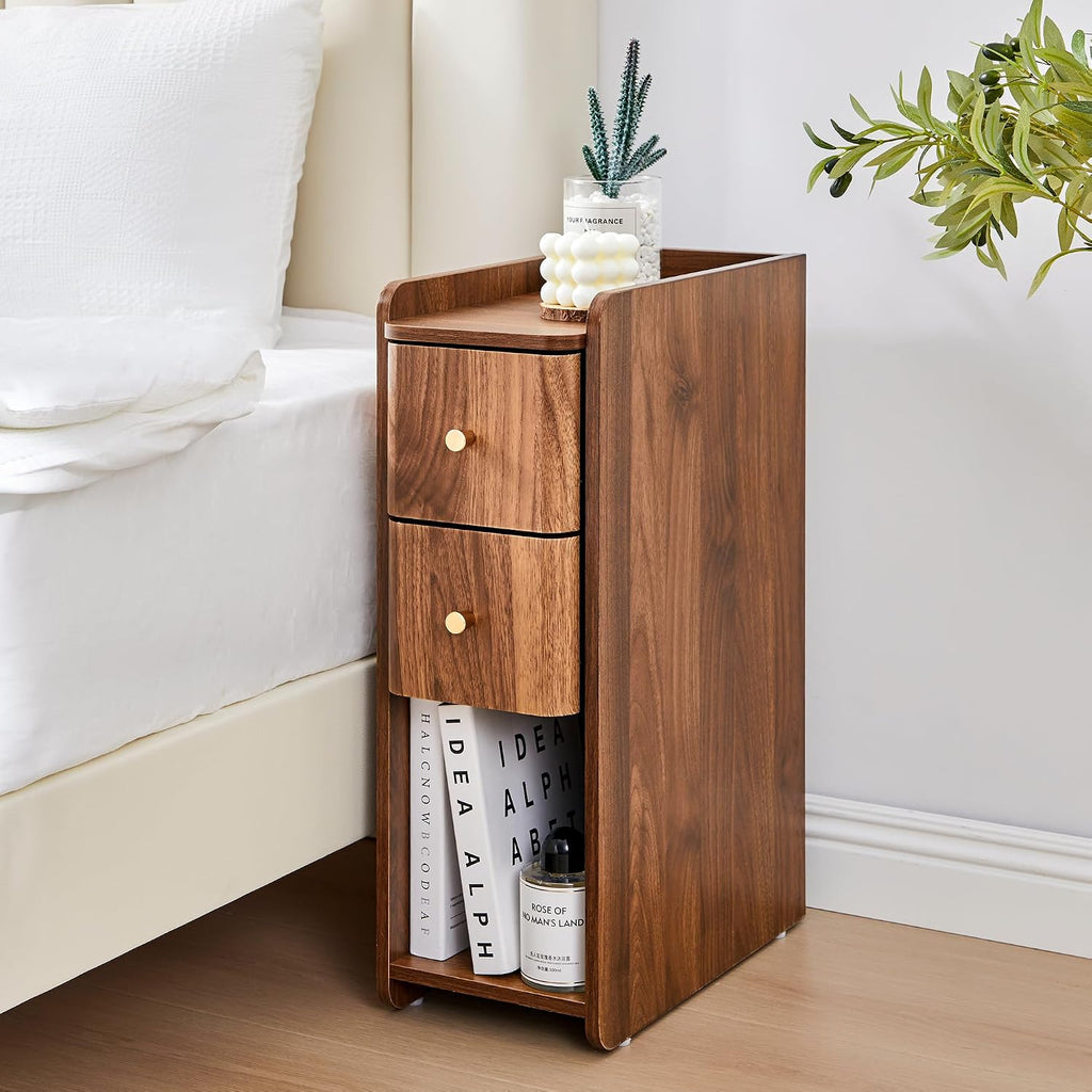 Narrow End Table Bedroom, Wooden Small 2 Drawer Nightstand, Thin Couch Side End Table, Skinny Bedside Table Small Spaces, Mid Century Modern Night Stand with Drawers (Walnut-1 pc)