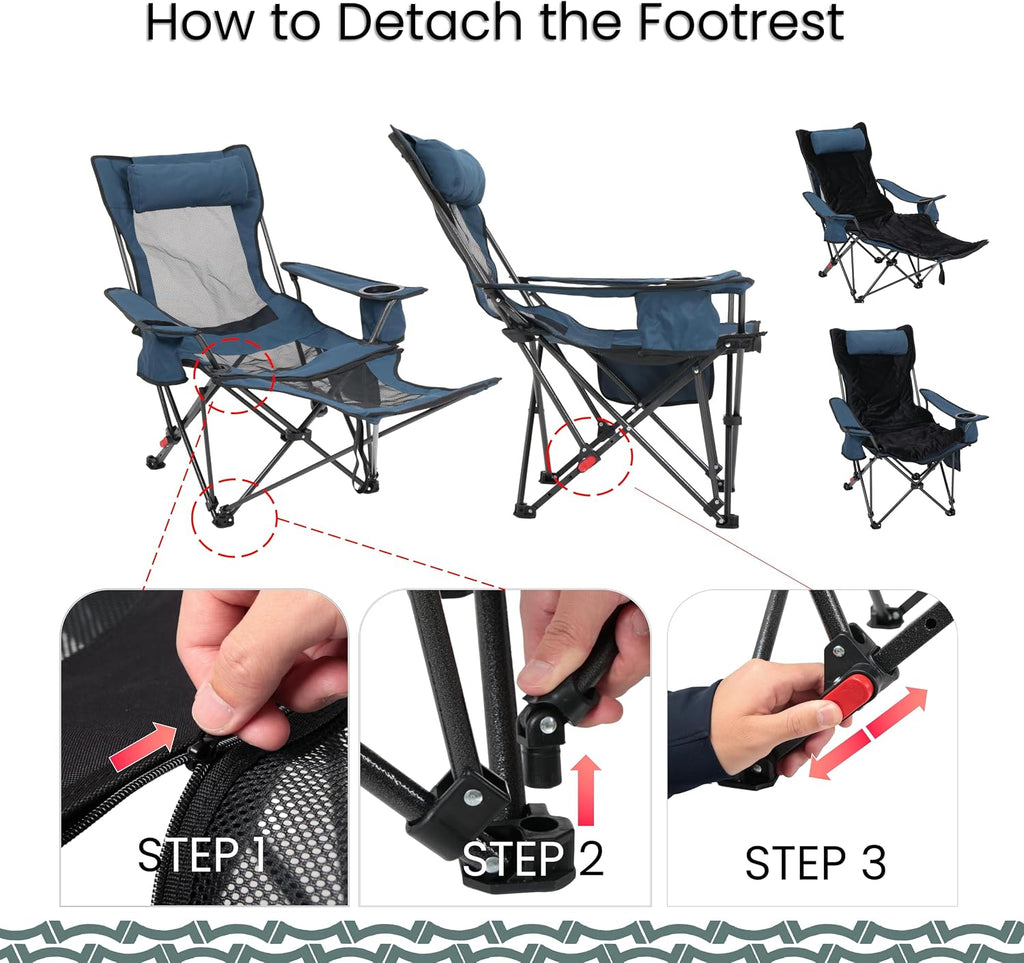 Portable Reclining Camping/Lounge Chair for Outdoor (1, Blue) | Soft Cushion, 4-Position Backrest, Removable Footrest, Cup Holder & Versatile Carry Bag
