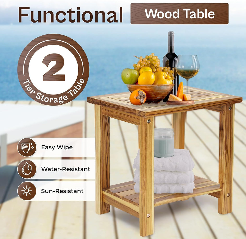 Adirondack Side Table – Weather-Resistant Rectangular End Table for Patio, Garden, Lawn, or Living Room | Indoor & Outdoor Wood Side Table, Rustic Style (Natural Teak Wood)