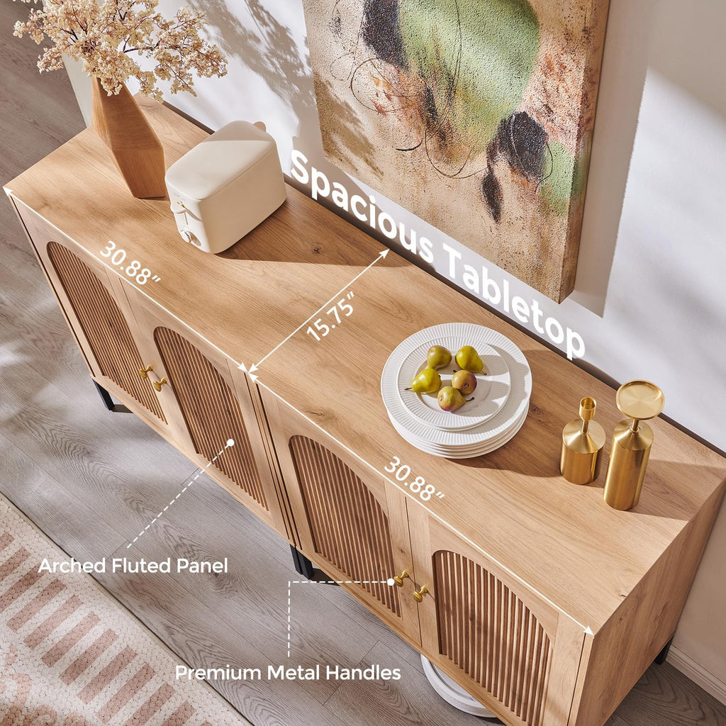 IFBUY Modern Sideboard Buffet Cabinet, 61.75" W Fluted Arched Buffet Cabinet with Storage and Adjustable Shelves, Wooden Modular Coffee Bar Cabinets for Kitchen, Entryway, Natural