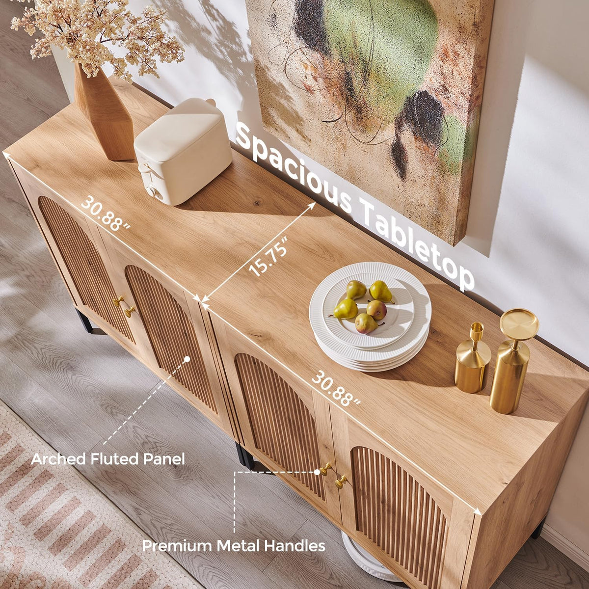 IFBUY Modern Sideboard Buffet Cabinet, 61.75" W Fluted Arched Buffet Cabinet with Storage and Adjustable Shelves, Wooden Modular Coffee Bar Cabinets for Kitchen, Entryway, Natural