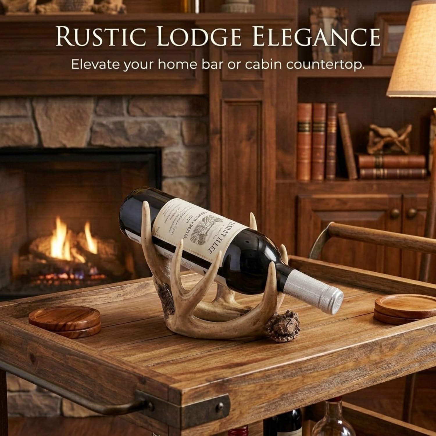 The Bridge Collection Antler Wine Bottle Holder – Rustic Deer Antler Bar and Countertop Decor – Cabin Lodge Wine Display Accent