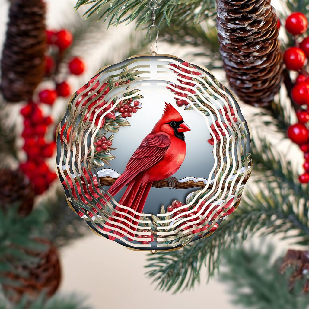 Cardinal Wind Spinner,3D Bird Spinners with Holly for Yard and Garden 3D Steel Wind Spinners Outdoor Wind Spinner 10 inch 3D Xmas Wind Sculptures