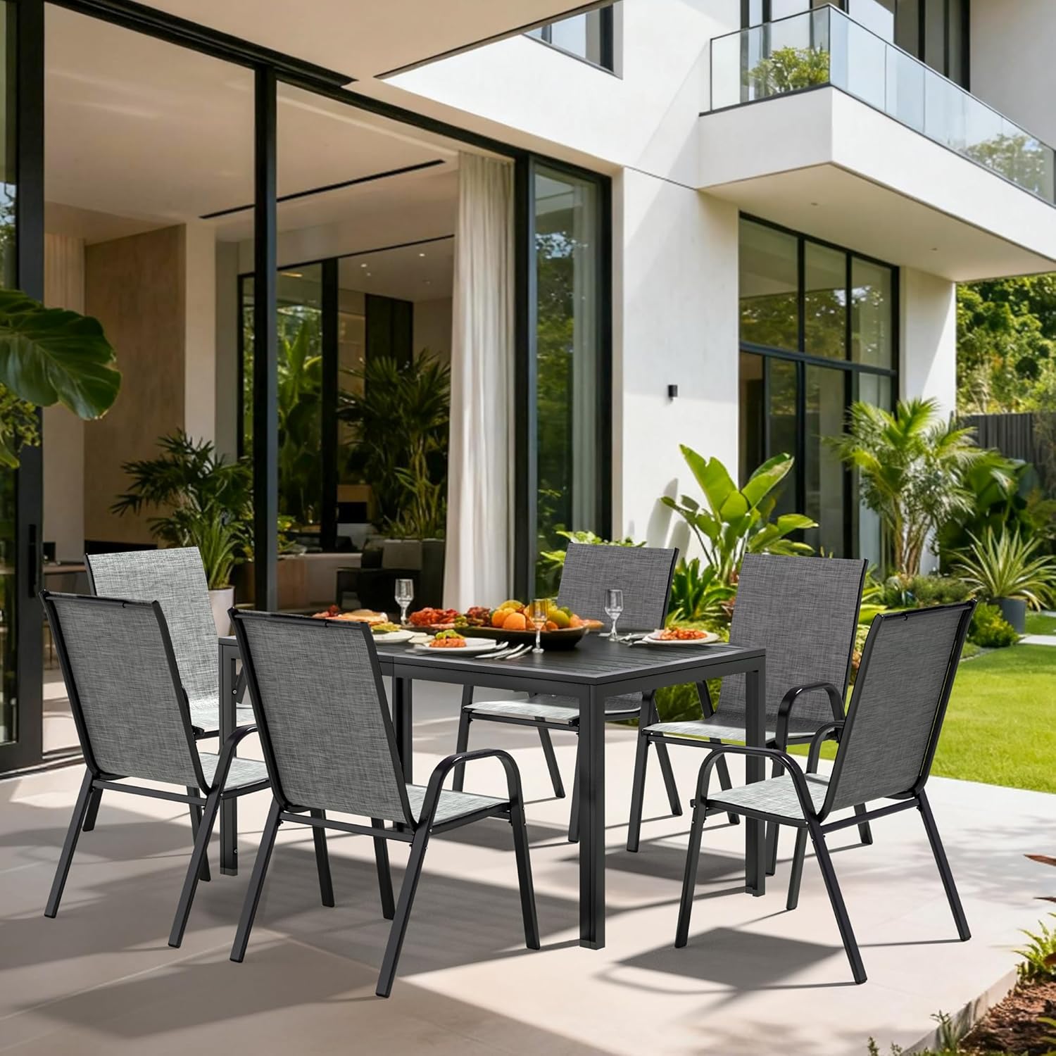 Pamapic Outdoor Dining Sets for 6, Rectangular Steel Slat Table with 6 Textilene Chairs, 7 Piece Patio Table and Chairs Set with Umbrella Hole for Patio, Backyard, Poolside (Grey, No Umbrella)