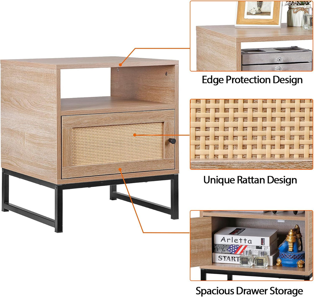 Nightstands End Table, PE Rattan Decor Drawer Opening Shelf, Set of 2 Bed Side Tables with Solid Steel Feet,for Bedroom Living Room Hallway, Natural