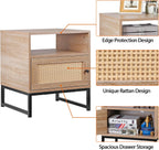 Nightstands End Table, PE Rattan Decor Drawer Opening Shelf, Set of 2 Bed Side Tables with Solid Steel Feet,for Bedroom Living Room Hallway, Natural
