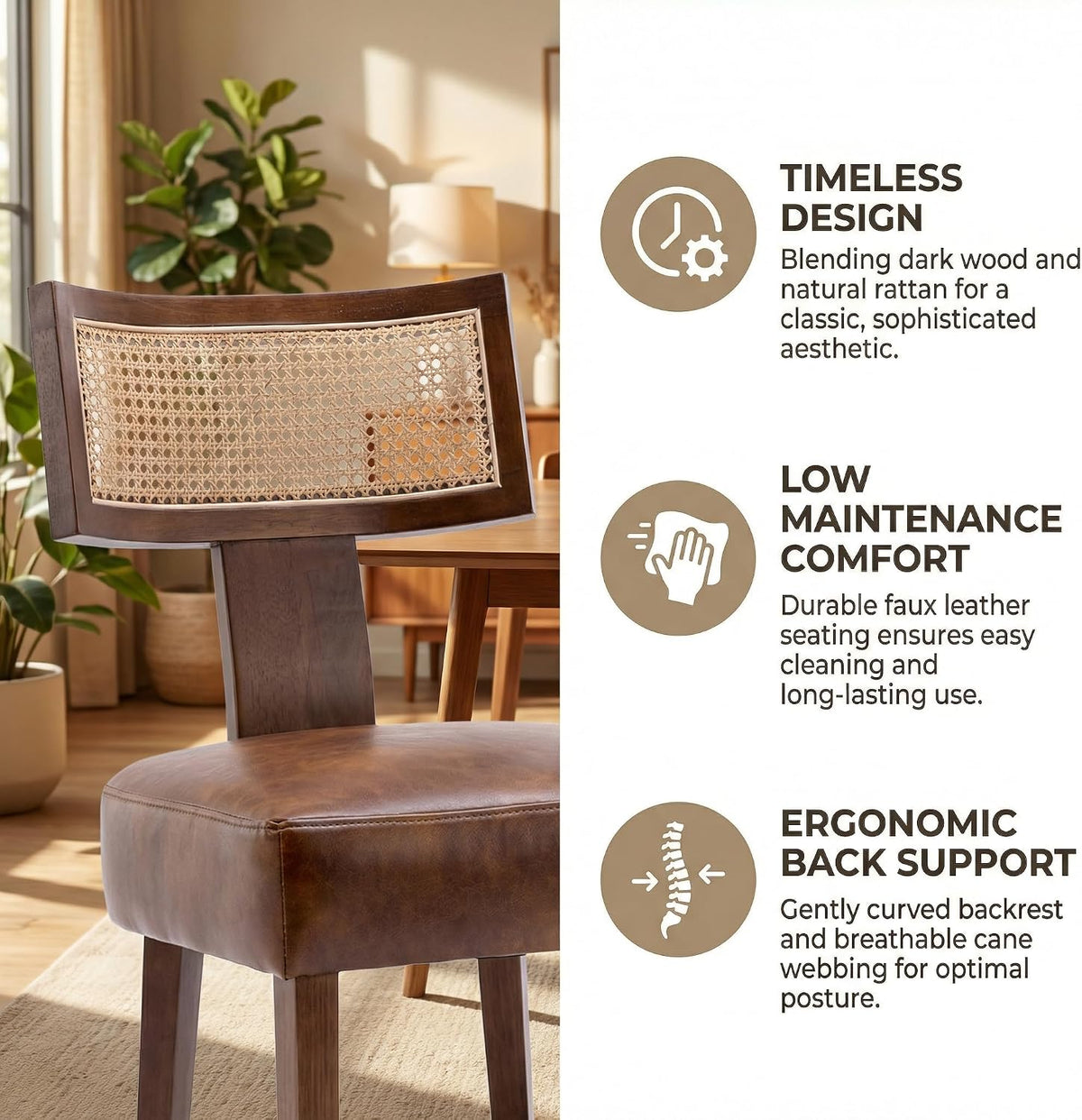 VESCASA Mid Century Modern Rattan Dining Chairs Set of 6, Upholstered Leather Dining Room Chairs with Cane Back, Walnut Wood Legs, Kitchen Accent Chairs for Apartment, Farmhouse & Modern Home, Brown