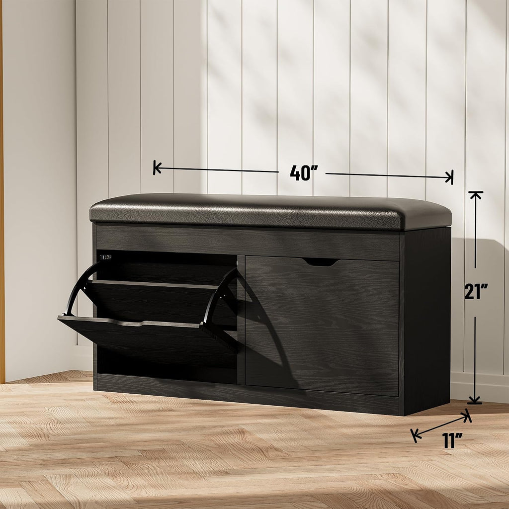 40" Shoe Storage Bench with Flip Drawers Padded Seat Cushion, Shoe Cabinet with Lift Top Storage Box, Shoe Bench Shoe Organizer for Entryway, Hallway, Living Room, Black