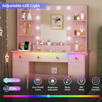 HUANLEGO Vanity Desk with Mirror and Lights, Makeup Vanity with Mirror and LED Lights & Power Outlet, 3 Drawers and Cabinets, 3 Lighting Modes Dressing Table Set for Girls Women Bedroom,Pink