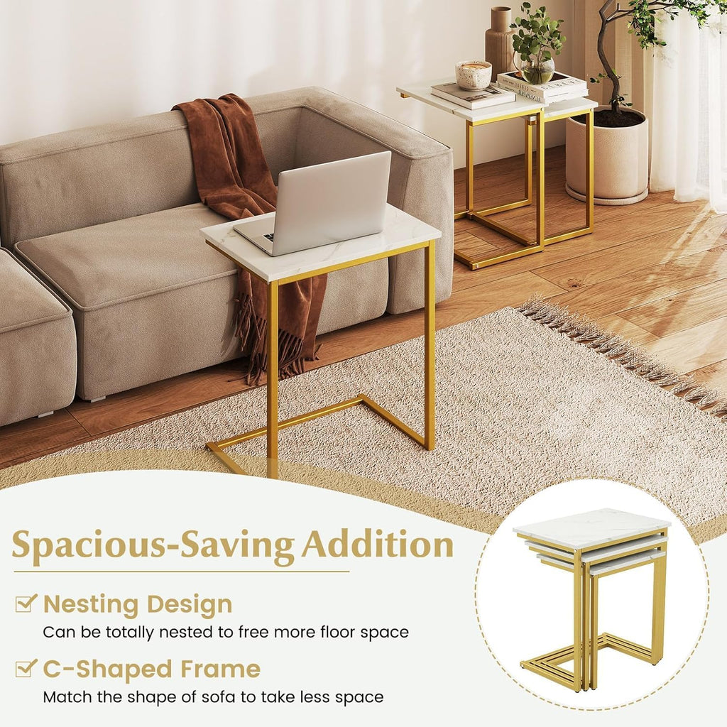 3-Piece Nesting Coffee Table Set, Stackable C-Shape (White Gold) | Faux Marble Top, Robust Steel Frame, Adjustable Foot Pads, Farmhouse Accent, for Living Room, Bedroom, Small Spaces