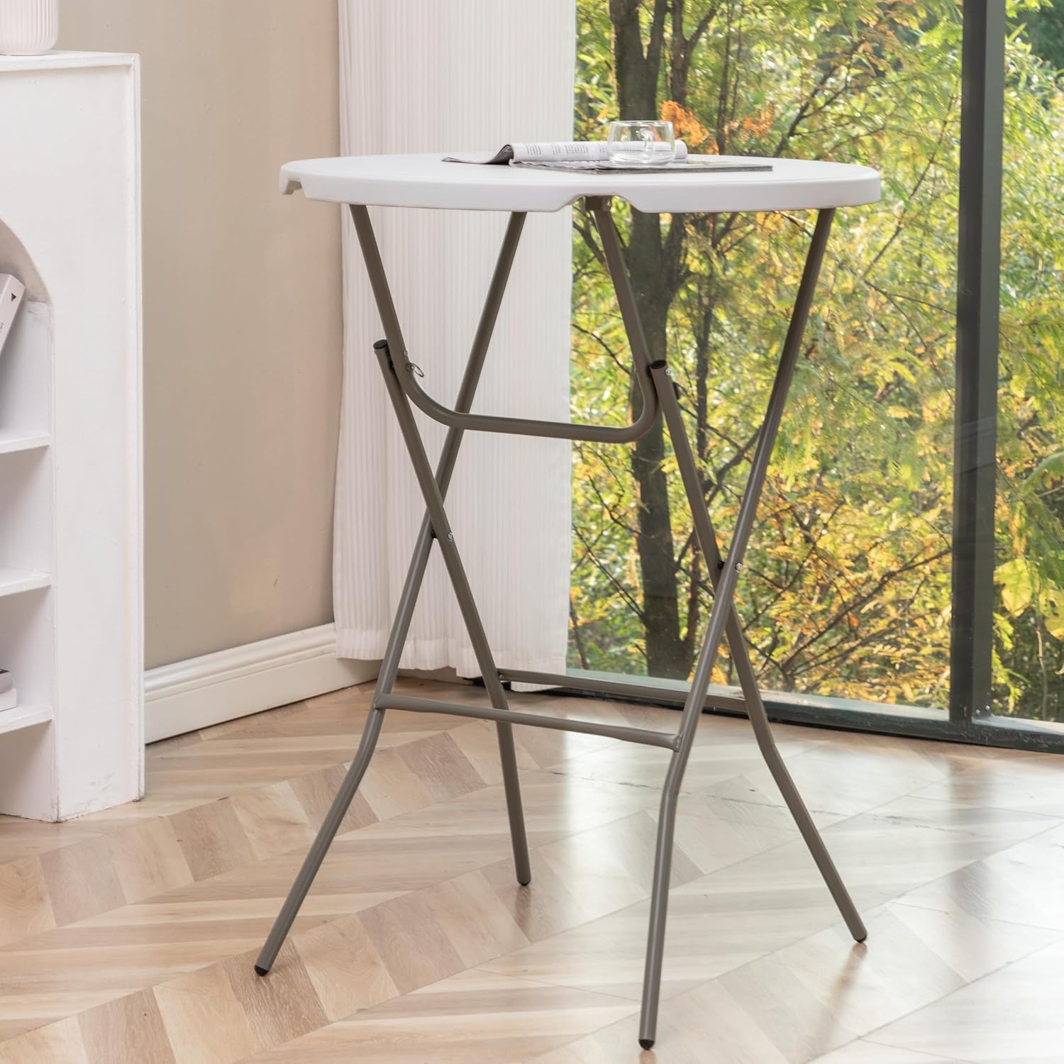 BTExpert 32" Round 43" Bar Height White Granite Plastic Folding Table Portable Commercial Table Banquet Card Coffee Dining Table for Wedding Party Event Home Kitchen Outdoor Set of 4