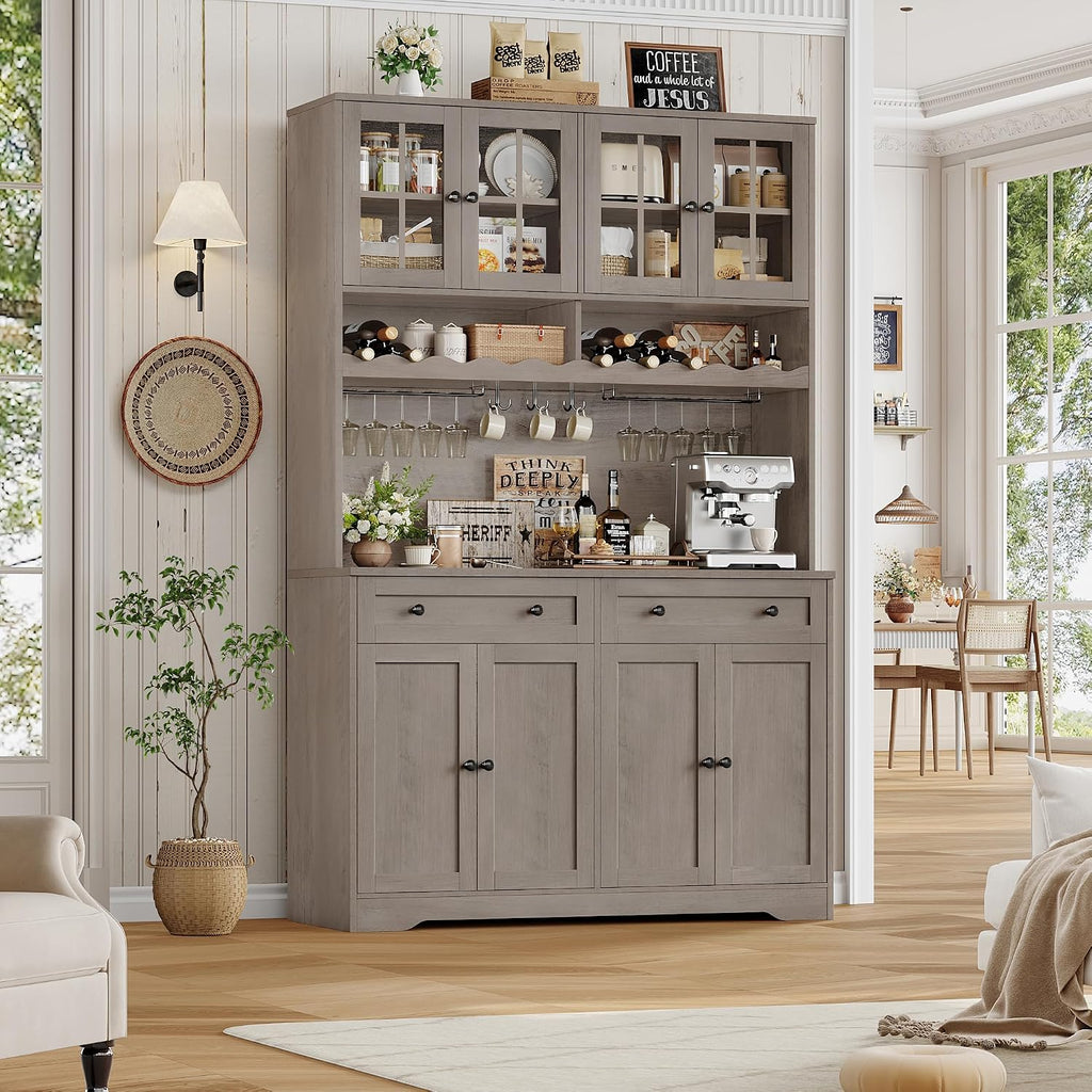 HOSTACK Kitchen Pantry Storage Cabinet, Coffee Bar Hutch Cabinet, Ash Gray | 75.4" Tall Pantry Cabinet with Charging Station / Countertop / Glass Doors / Wine Rack / Cup Holder / Drawers, Dining Room