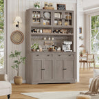 HOSTACK Kitchen Pantry Storage Cabinet, Coffee Bar Hutch Cabinet, Ash Gray | 75.4" Tall Pantry Cabinet with Charging Station / Countertop / Glass Doors / Wine Rack / Cup Holder / Drawers, Dining Room