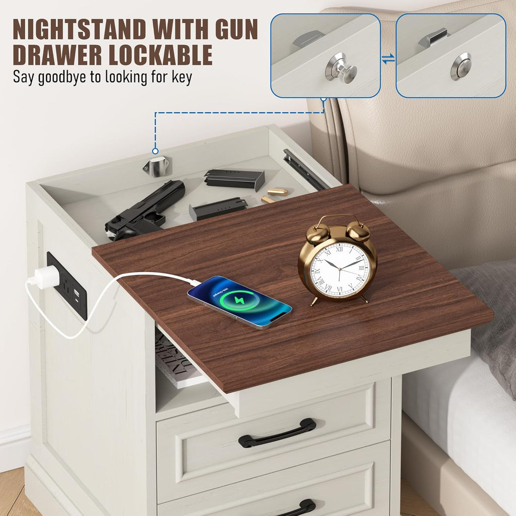 Gadroad 18" Farmhouse Accent Nightstand with Charging Station, End Table with 3 Drawers Storage, Side Table, Bedside Cabinet for LivingRoom Bedroom Office, Brown