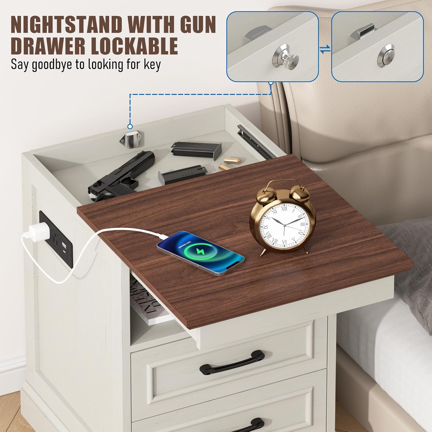 Gadroad 18" Farmhouse Accent Nightstand with Charging Station, End Table with 3 Drawers Storage, Side Table, Bedside Cabinet for LivingRoom Bedroom Office, Brown