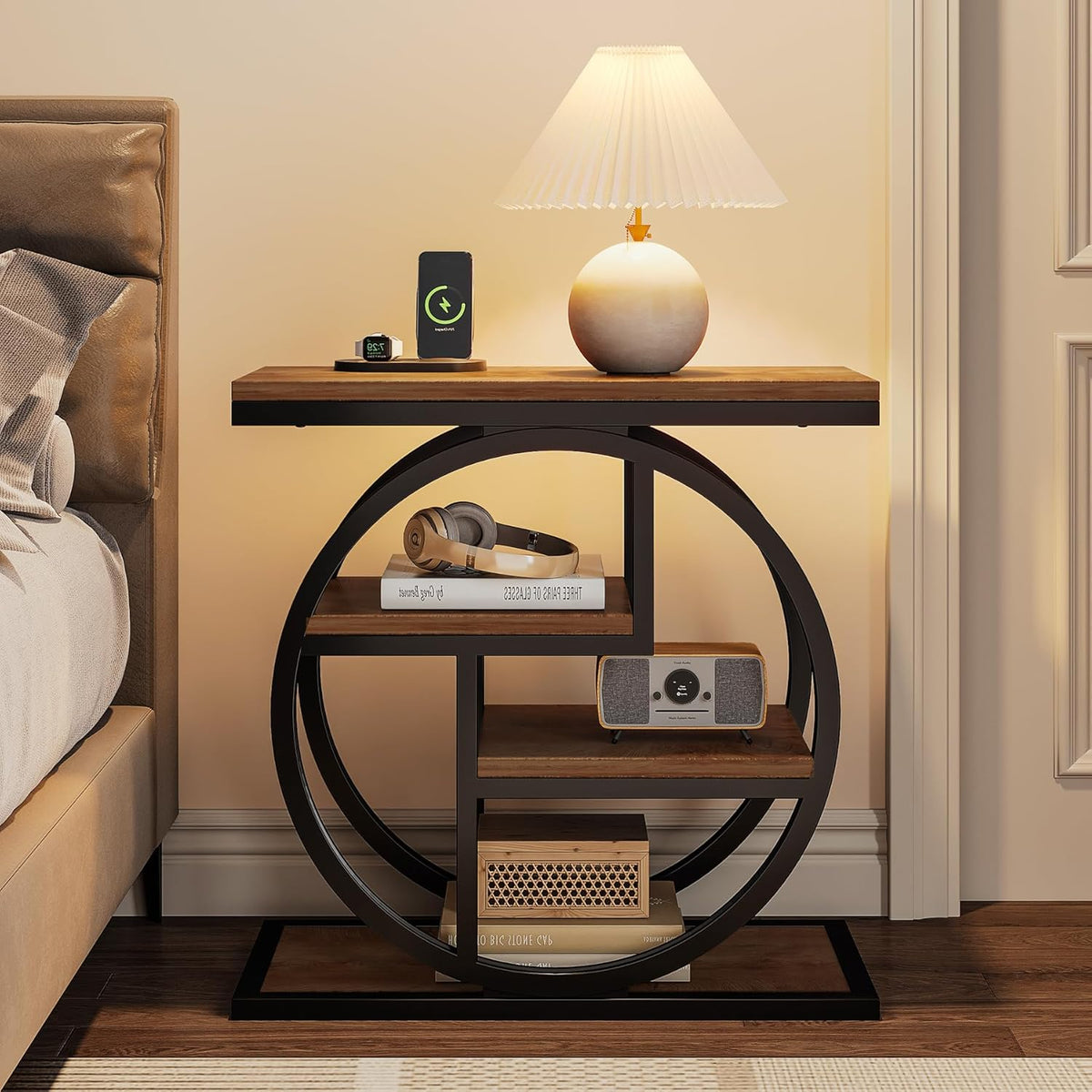 Tribesigns End Table for Living Room, 4-Tier Narrow Side Table with Storage Shelves, Industrial Bedside Table for Bedroom, Wood Small Sofa Side Table with Geometric Metal Frame (1 PC, Natural Brown)