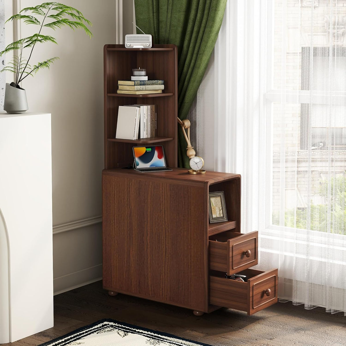 Tall Side Table Fully Assembled End Tables with Charging Station, 47 Inch High Nightstand Bed Side Table with Storage for Living Room & Bed Room, Just Need to Install Legs and Upper Shelves (Walnut)