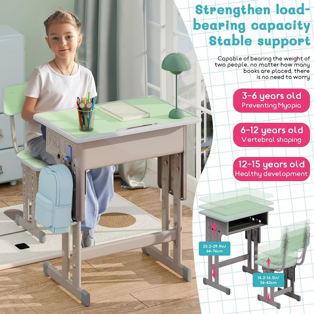 Kids Desk and Chair Set,Height Adjustable School Study Desk and Chair Wooden Children Study Tablewith Storage Drawer,Student Writing Desk for Bedroom & Study Room Boys Girls Pink 60cm