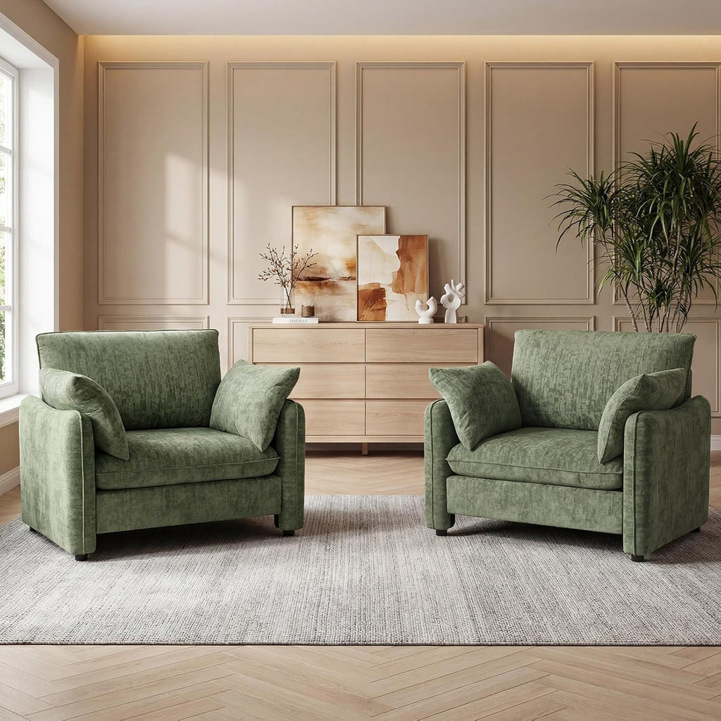 Elegant Oversized Accent Chair for Living Room, 42.1", Chenille, Green | Modern Upholstered Piping Single Reading Armchair with Cushion Backrest and 2 Pillows for Bedroom, Office, Reception Area