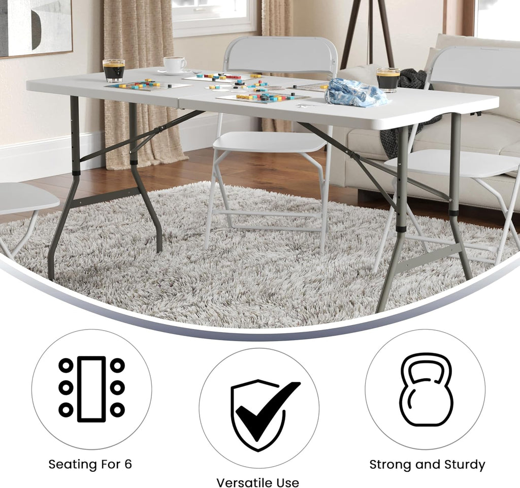 Flash Furniture 5 ft Plastic Bi-Fold Table, Granite White | Height Adjustable, Carrying Handle, Durable Construction, Commercial Use