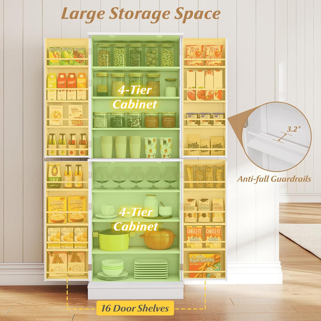Byroce 65.5” Kitchen Pantry Cabinet, Storage Cabinet with 4 Doors & 8-Tier Shelves, Freestanding Kitchen Hutch Cupboard with Baffle, Tall Buffet Sideboard for Dining Room & Living Room (White)