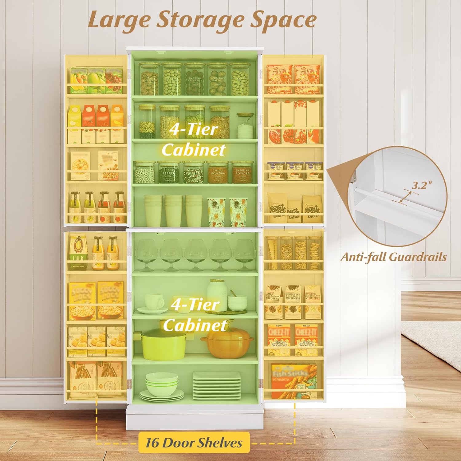 Byroce 65.5” Kitchen Pantry Cabinet, Storage Cabinet with 4 Doors & 8-Tier Shelves, Freestanding Kitchen Hutch Cupboard with Baffle, Tall Buffet Sideboard for Dining Room & Living Room (White)