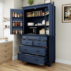 Freestanding Large Kitchen Pantry,Tall Storage Cabinet Cupboard with 6 Door Shelves, 2 Adjustable Shelves and 5 Drawers,for Dining Room Living Room (Blue-g)