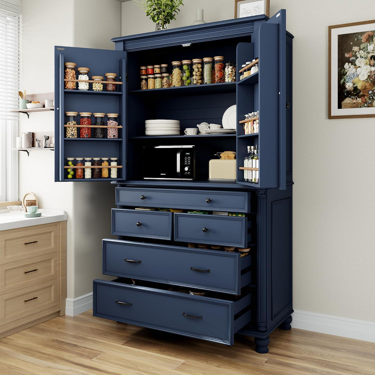 Freestanding Large Kitchen Pantry,Tall Storage Cabinet Cupboard with 6 Door Shelves, 2 Adjustable Shelves and 5 Drawers,for Dining Room Living Room (Blue-g)