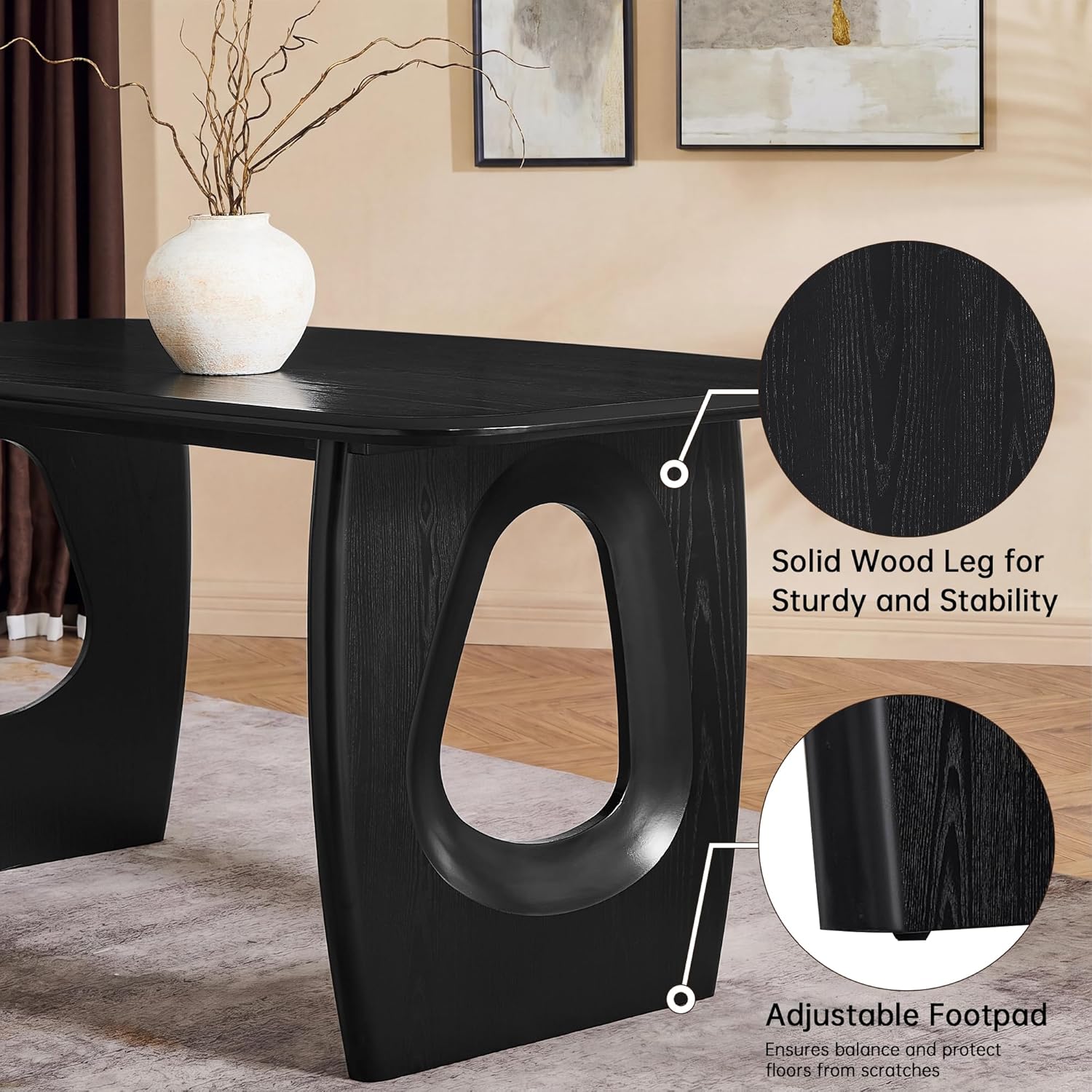 Morden Fort Modern Dining Table for 4-6 People,68'' Rectangle Dining Table, Kitchen Table with Pedestal Base, Dinner Table for Dining Room, Kitchen, Living Room (Black)