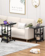 Armocity C Shaped End Table Height Adjustable - Couch Side Table with Charging Station, TV Tray with Wheels Slide Under Sofa for Small Spaces, Living Room Bedroom, Black