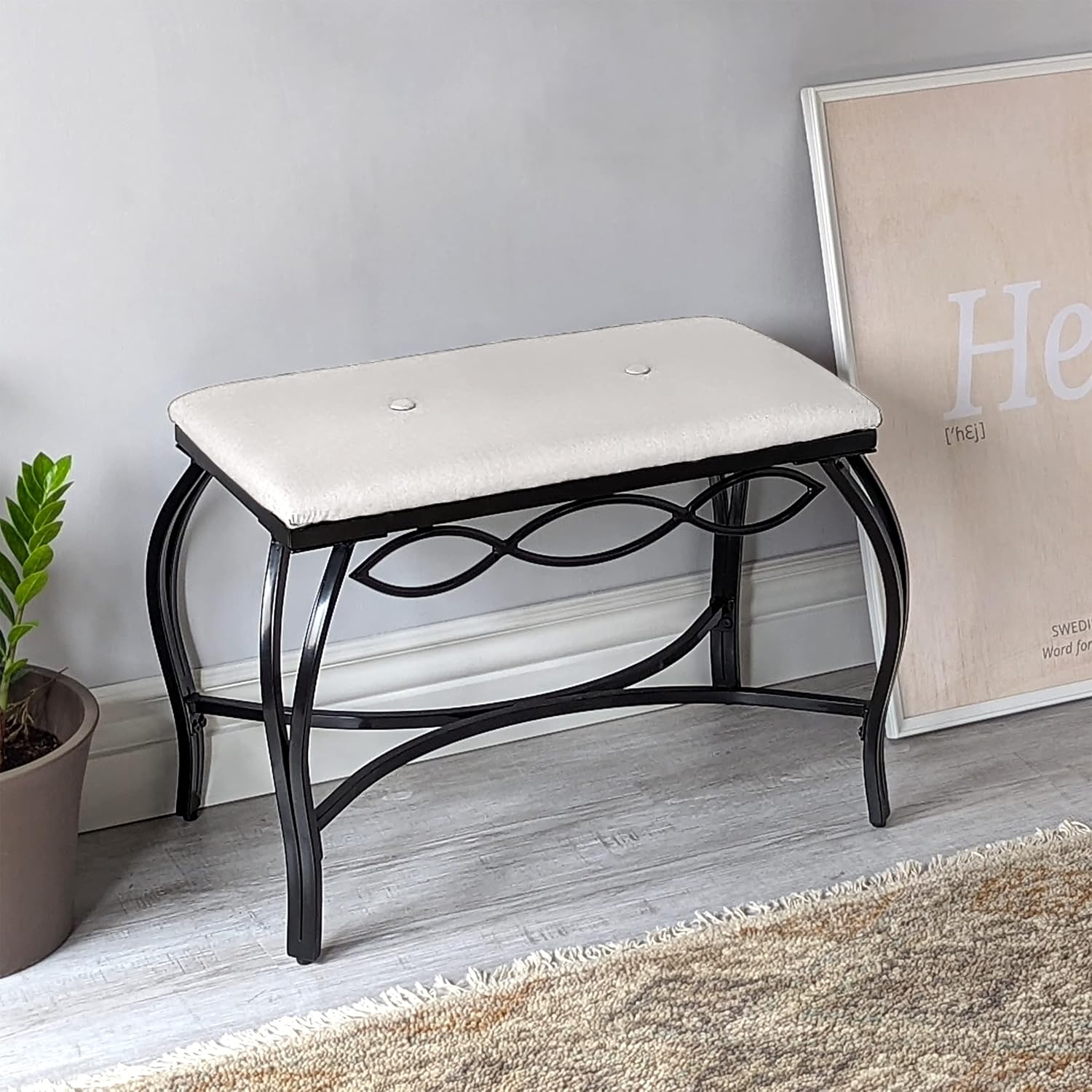 Mango Steam White Shoe Bench - Vanity Seat for Makeup Room, Dressing Stool, Entryway Bench - Powder Coated, Upholstered, Space Saving