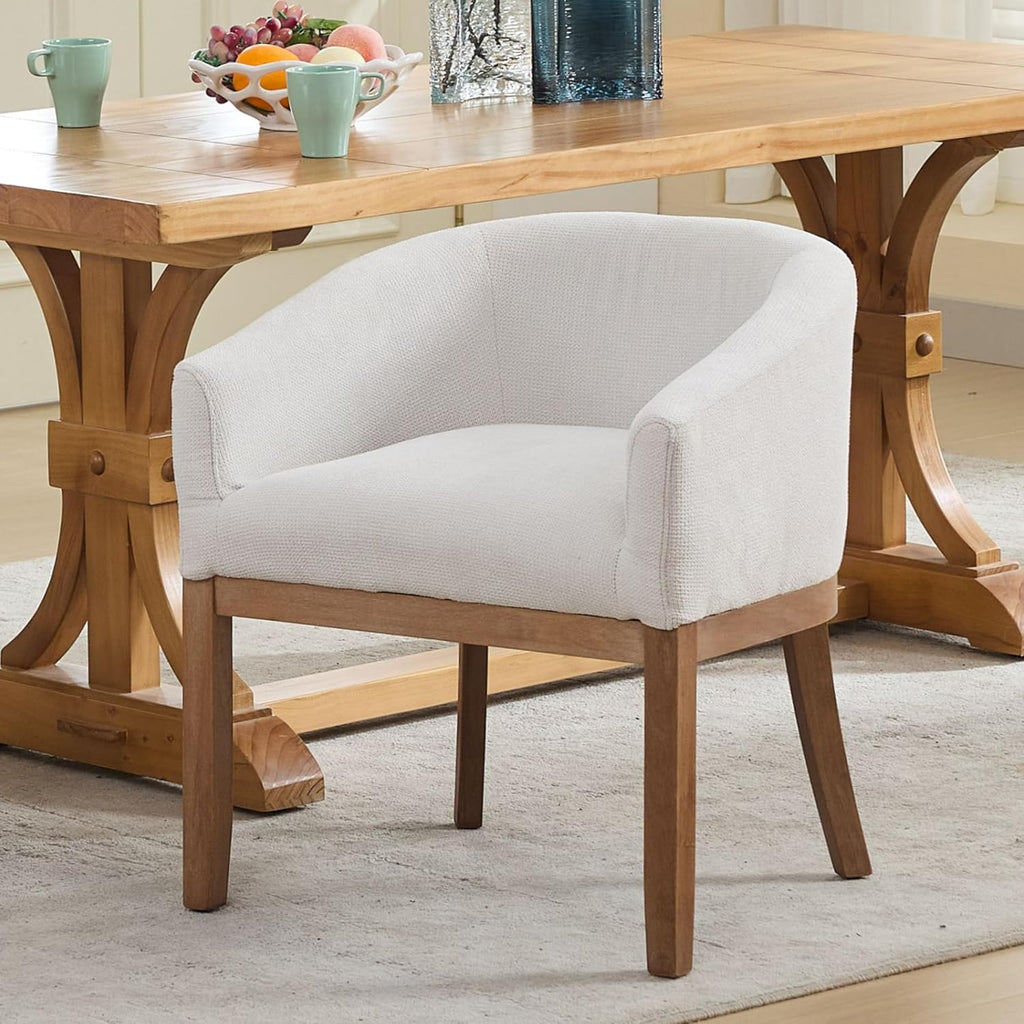 Upholstered Solid Wood Dining Chair,Neutral Linen Fabric Side Chairs for Kitchen,Dining Room,Living Room,Farmhouse Round Barrel Chairs,Minimalist Accent Chairs Natural Wood Frame (Beige, 1PC)