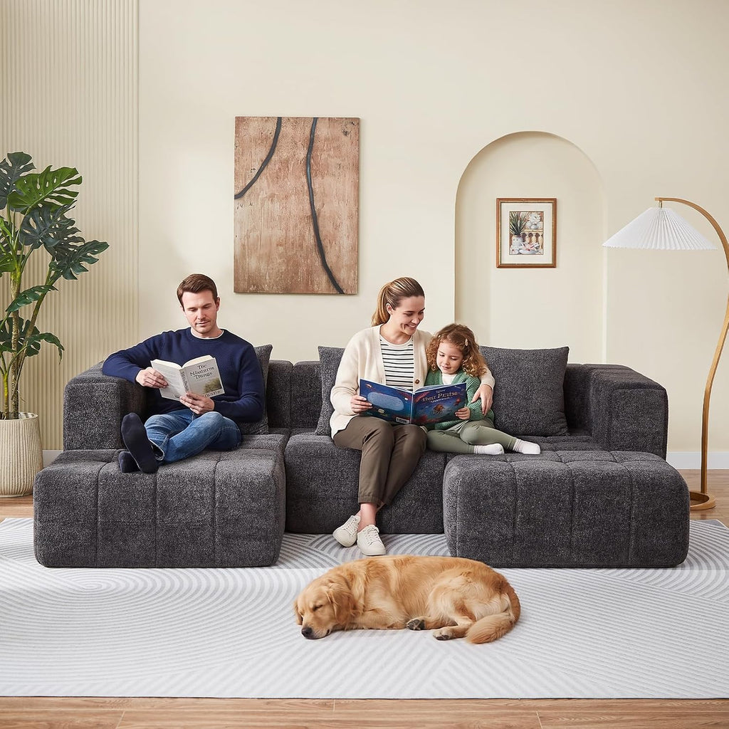 Modular Sectional Sofa with Deep Seat, Cloud Couch with 2 Movable Ottoman, No Assembly Required, Modern Plush Corduroy Cloud Couches for Living Room & Apartment, Grey