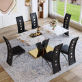 71'' Dining Table Set for 6,Modern Dining Room Table Set for 6,Marble Dining Table with 6 PU Leather Dining Chairs,Gold Dining Room Table with Glossy V-Shaped Base Ideal for Kitchen