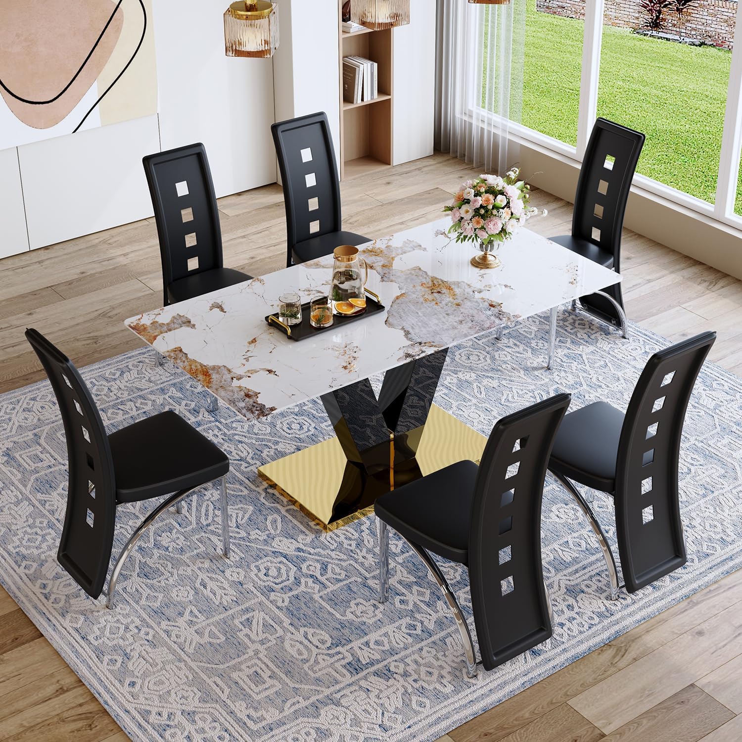 71'' Dining Table Set for 6,Modern Dining Room Table Set for 6,Marble Dining Table with 6 PU Leather Dining Chairs,Gold Dining Room Table with Glossy V-Shaped Base Ideal for Kitchen
