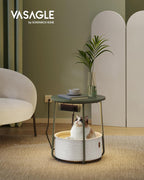 VASAGLE LILEA Collection - Side Table with Charging Station, Round End Table with Fabric Basket, LED Nightstand with USB Ports, Modern, for Living Room, Forest Green and Cream White ULET227C01