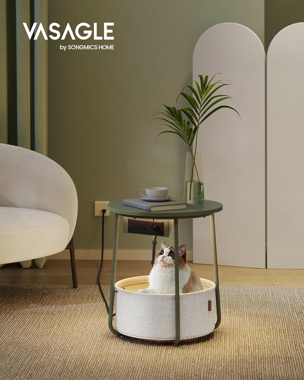 VASAGLE LILEA Collection - Side Table with Charging Station, Round End Table with Fabric Basket, LED Nightstand with USB Ports, Modern, for Living Room, Forest Green and Cream White ULET227C01