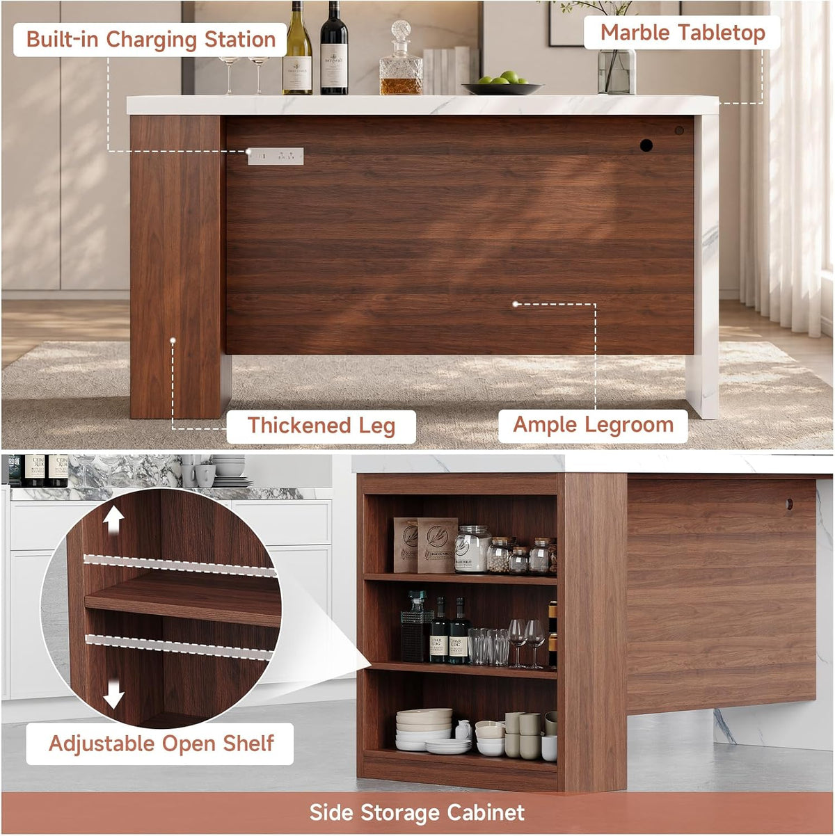 61" Kitchen Island Table with Storage, Counter Height Dining Table, Walnut | with Power Outlets, LED Lights, 3-Tier Side Storage, Faux Marble Top, Modern Stationary Kitchen Storage Islands for 4 Seats