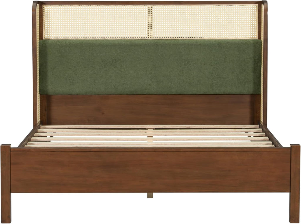 Merax Classic Retro Queen Platform Bed with Rattan Headboard, Wood Bed Frame No Box Spring Needed/Easy Assemble, Walnut + Green