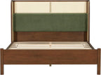 Merax Classic Retro Queen Platform Bed with Rattan Headboard, Wood Bed Frame No Box Spring Needed/Easy Assemble, Walnut + Green