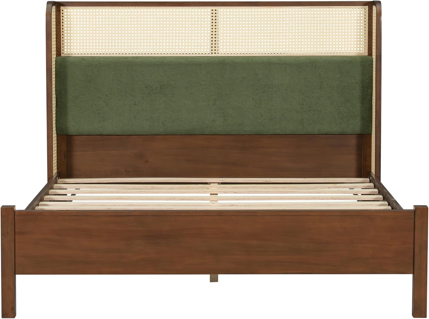 Merax Classic Retro Queen Platform Bed with Rattan Headboard, Wood Bed Frame No Box Spring Needed/Easy Assemble, Walnut + Green