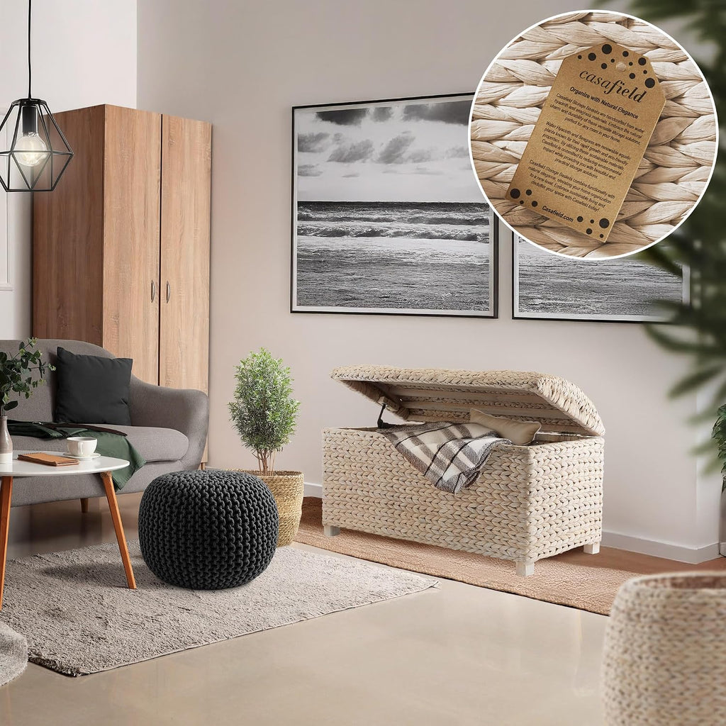 Casafield 36" Storage Trunk with Curved Lid and Safety Hinge - Whitewash, Water Hyacinth Wicker Storage Chest for Bedroom, Entry Way, Living Room