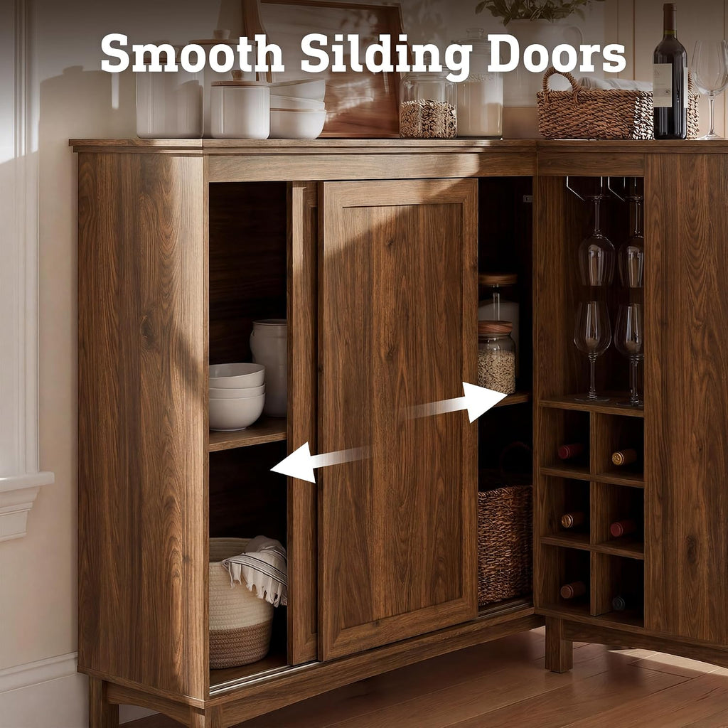 Corner Cabinet with Charging Station,L-Shaped Kitchen Pantry Storage Cabinet with 3 Drawers,Freestanding Kitchen Pantry Cabinets with Wine Rack,Glass Rack,Sliding Door for Dining Room (Walnut)
