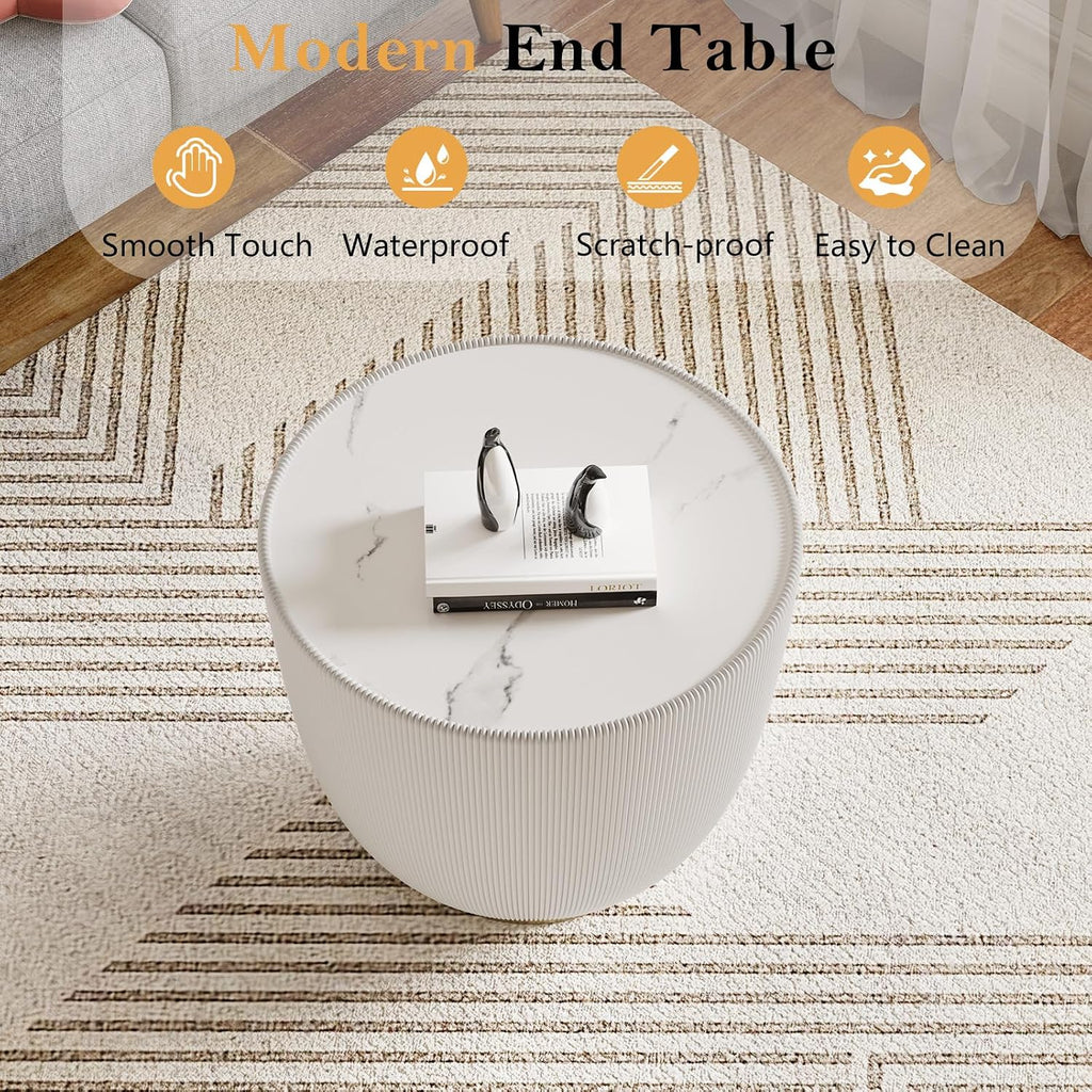 Modern Round End Table, Elegant Bowl Shaped Accent Sofa Side Table with Sintered Stone Tabletop & Pleated Leatherette Details, Small Round End Tables for Living Room Bedroom Apartment Office, White