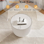 Modern Round End Table, Elegant Bowl Shaped Accent Sofa Side Table with Sintered Stone Tabletop & Pleated Leatherette Details, Small Round End Tables for Living Room Bedroom Apartment Office, White