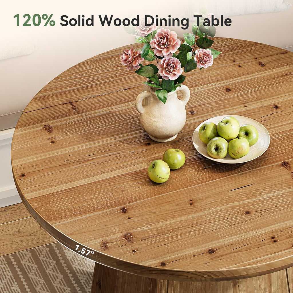 Solid Wood Round Dining Table for 4, Small Circle Kitchen Table with Thickened Top & Sturdy Pedestal Base for Dining Room, Living Room, Kitchen, 39.4 x 29.5 Inches, Farmhouse Style (Table Only)