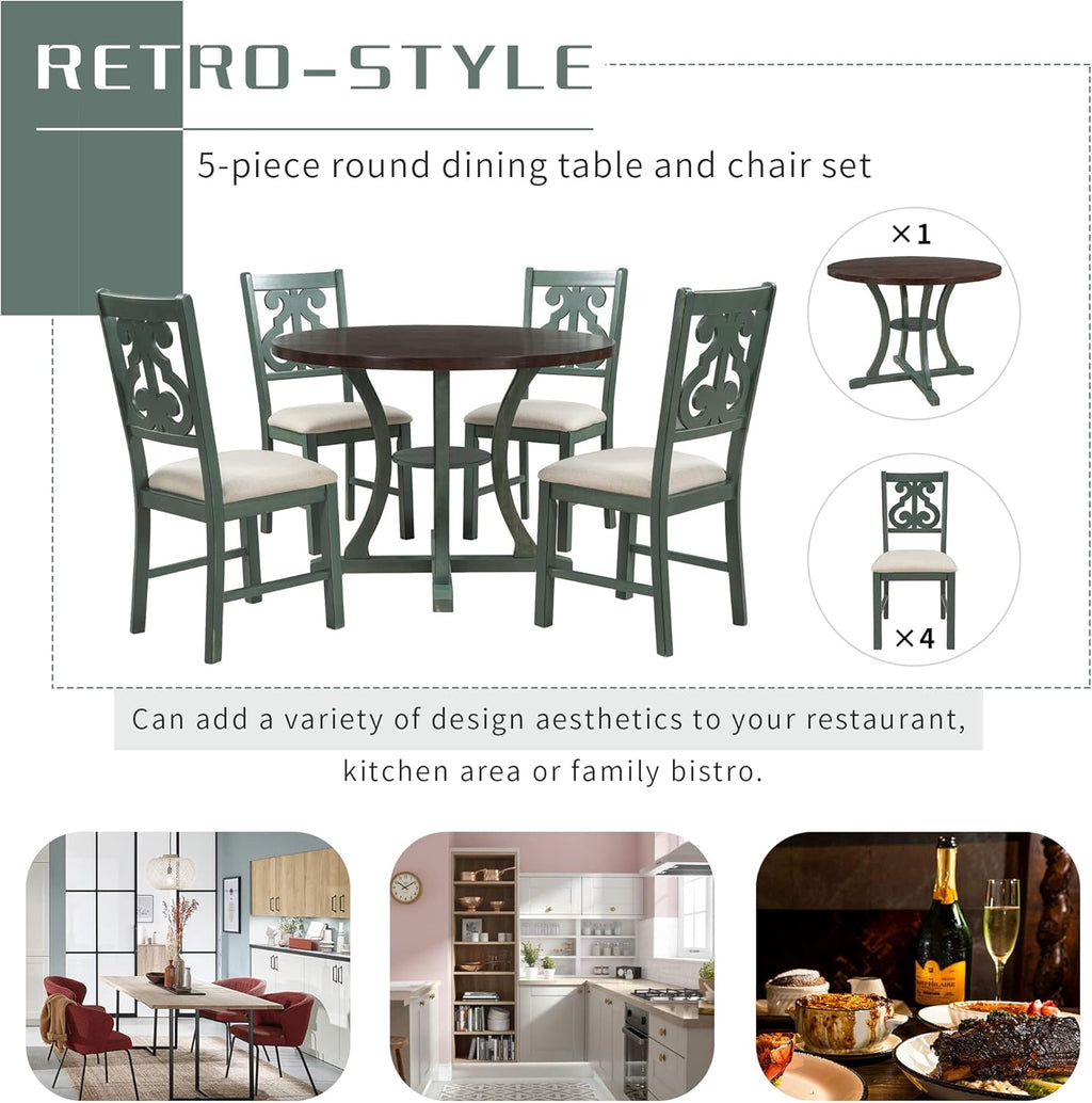 Merax 5 Piece Round Dining Table Set 4 Retro Chairs with Special-Shaped Table Legs, Designed Hollow Chair Back for Dining Room, Antique Blue