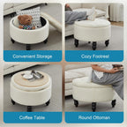 24 Inch Round Ottoman with Storage, Tufted Linen Storage Bench for Bedroom, Living Room & Entryway, Modern Upholstered Coffee Table with Wooden Black Legs, Beige