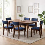 Blue Dining Chairs Set of 6, Upholstered Linen Fabric Dining Room Chairs with Curved Backrest, Armless Solid Wood Farmhouse Kitchen Side Chairs for Dining/Living Room, Blue