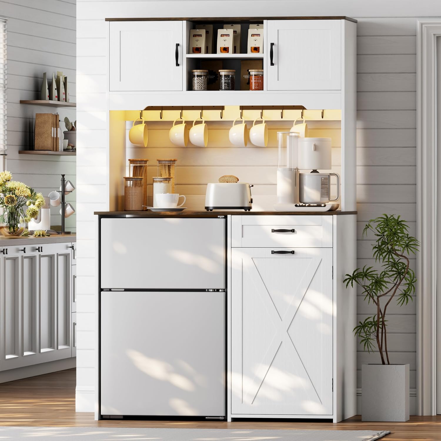 73'' White Pantry Cabinet with Fridge Space - Farmhouse Kitchen Pantry Storage Cabinet with Outlet & Led Light, Tall Pantry Cabinet with Hooks & Shelf Guardrail, Kitchen Hutches with Microwave Stand